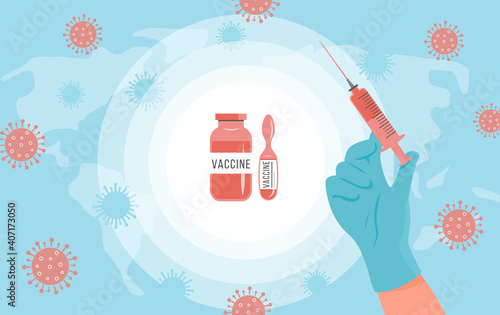 Doctor or Nurse hand in latex glove holding Syringe. Vaccine bottle and ampoule vial in centre on blue world map with bacterias. Concept of Global Covid 19 Vaccination or medical injection. Vector.