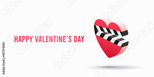Romantic movie icon with heart clapper isolated. Valentines vector illustration