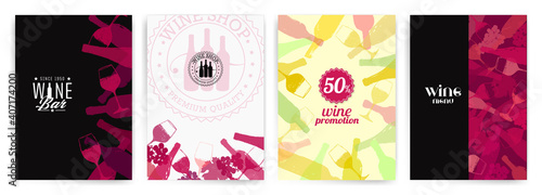 background illustration for wine designs. Handmade drawing of wine glasses, bottles, grapes and vine leaf.