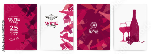 background illustration for wine designs. Handmade drawing of wine glasses, bottles, grapes and vine leaf.