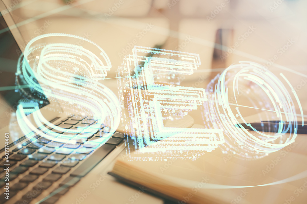 Double exposure of SEO writing and desktop with coffee and items on table background. Concept of search optimization. Double exposure of SEO writing and desktop with coffee and items on table background. Concept of search optimization.