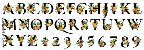 floral alphabet, black monogram letters and digits with vintage orange citrus fruits and greenery