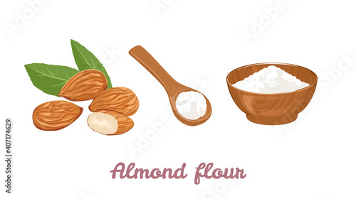 Almond flour in wooden spoon, bowl and pile of nuts isolated on white background. Vector illustration of healthy organic food in cartoon flat style.