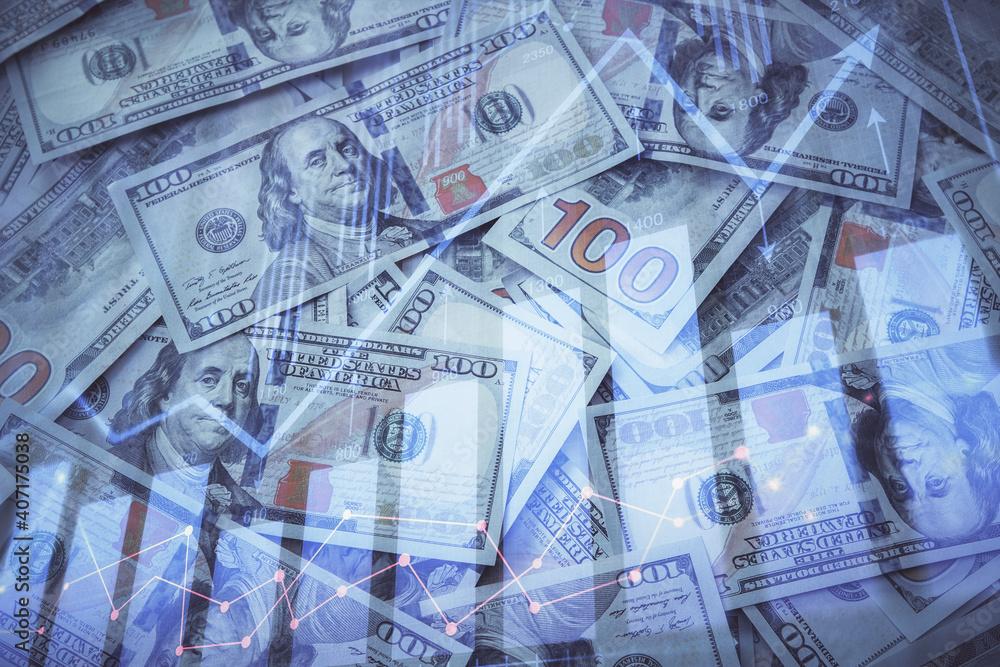 Double exposure of forex graph drawing over us dollars bill background. Concept of financial markets.