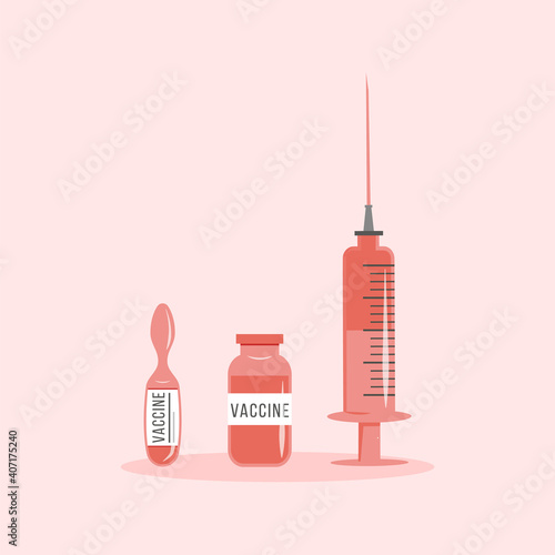 Concept of Coronavirus Vaccine vector illustration isolated on background. Red and pink Vaccine jab bottle, ampoule and syringe injection for immunization treatment. Covid Vaccination.