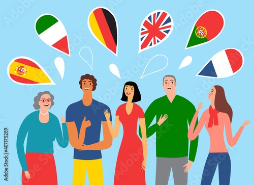 Illustration with people of different gender, race and age learning and speaking different languages.