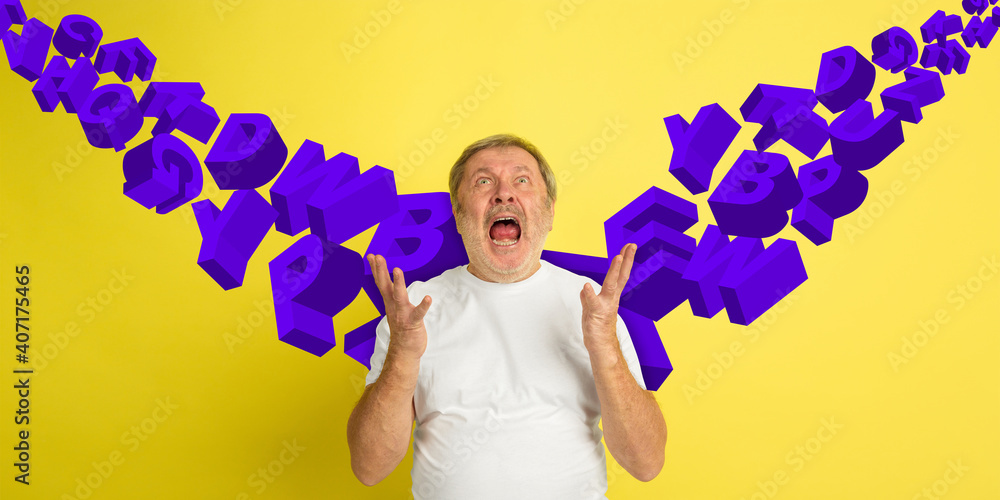 Senior caucasian man shouting, screaming angry on yellow studio background. Sales, offer, business, cheering fun concept. Stream of letters flying from the inside of rupor. Copyspace for ad. Senior caucasian man shouting, screaming angry on yellow studio background. Sales, offer, business, cheering fun concept. Stream of letters flying from the inside of rupor. Copyspace for ad.