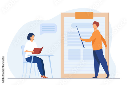 Teacher giving seminar to student in classroom. Mentor and intern, coach and trainee. Flat vector illustration. Education, training, learning concept for banner, website design or landing web page