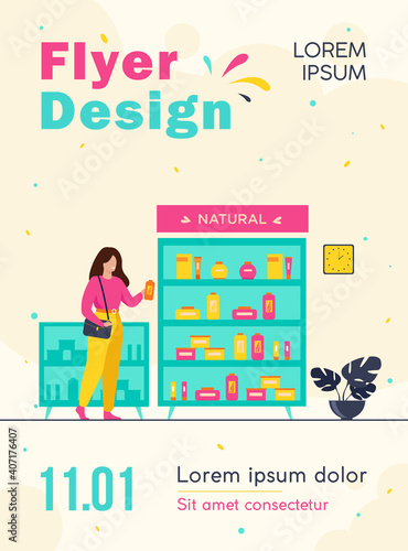 Girl choosing eco beauty products in cosmetics shop, standing at case with creams and lotions and taking shampoo bottle. Flat vector illustration for skincare, body care, cosmetology concepts