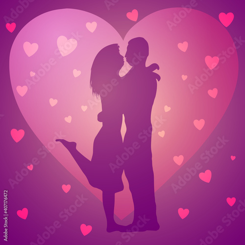 Vector illustration for Valentine's Day. Couple in love kissing on background of hearts