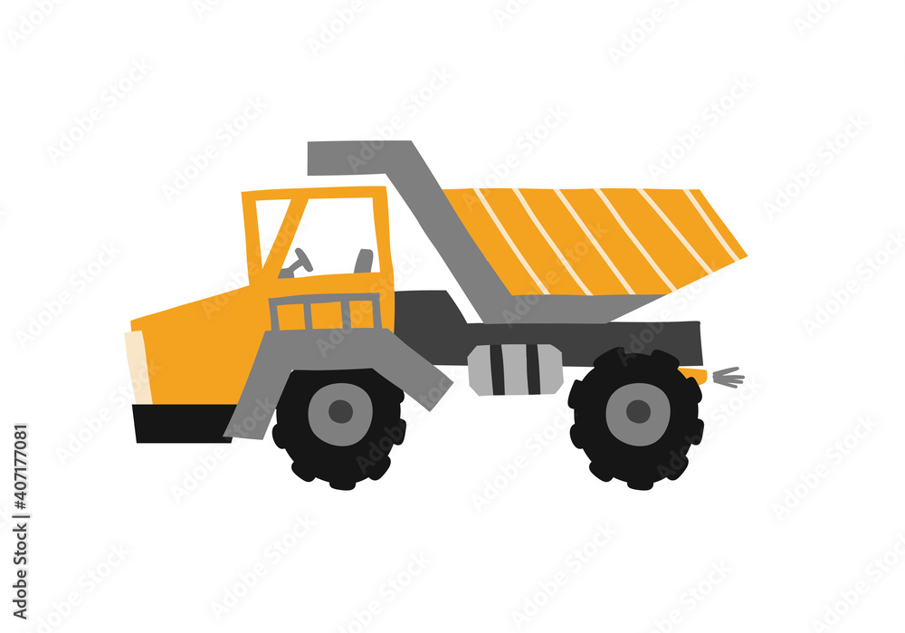 Vector illustration of a dump truck. Mining dump truck. Yellow car. Flat illustration on a white isolated background. Cute baby car