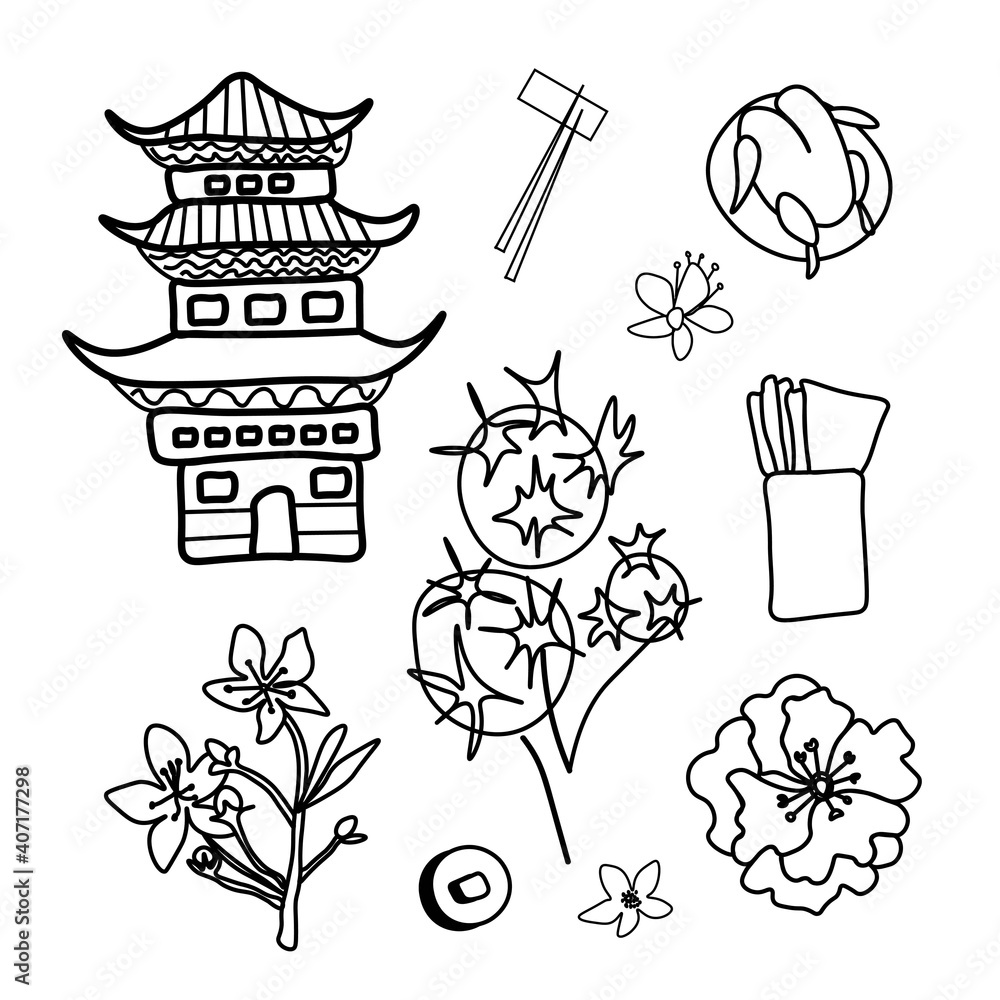 Vector set of illustrations for the Chinese New Year. Collection of images pagoda,cooked chicken,coin,money chopsticks,sakura.Designs for cards,packaging,social media,posters, coloring, web,banner. Vector set of illustrations for the Chinese New Year. Collection of images pagoda,cooked chicken,coin,money chopsticks,sakura.Designs for cards,packaging,social media,posters, coloring, web,banner.