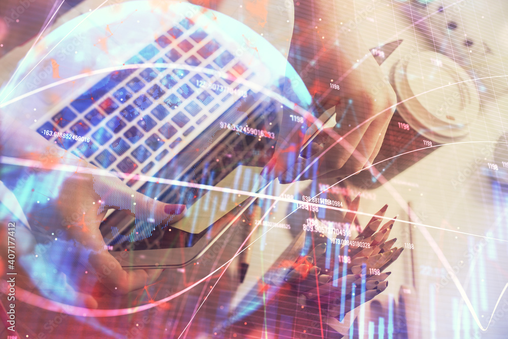 Double exposure of businesswoman hands typing on computer and financial graph hologram drawing. Stock market analysis concept. Double exposure of businesswoman hands typing on computer and financial graph hologram drawing. Stock market analysis concept.