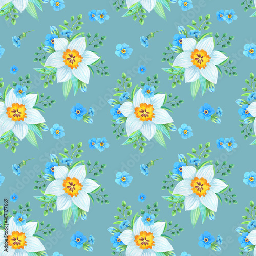 Watercolor illustration with forget-me-nots,myosotis,daffodil on a gray background