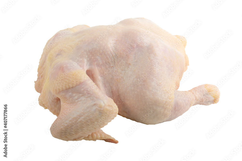 Raw chicken carcass or broiler chicken. Isolated on a white background. Cutting off the path. Raw chicken carcass or broiler chicken. Isolated on a white background. Cutting off the path.
