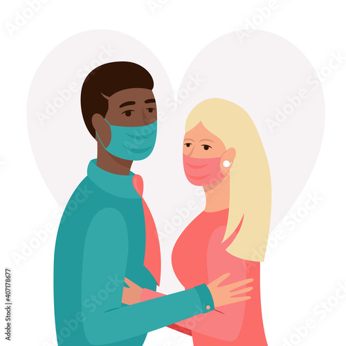 Couple in masks are hugging. Couple keep distance. Woman and man are trying to kiss. Vector illustration.