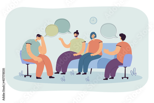 Depressed people counseling with psychologist isolated flat vector illustration. Cartoon characters talking with doctor on psychotherapist sessions. Group therapy and support concept