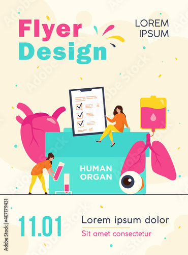 Organ donation concept. Container with human organ text, human lungs, eyeball, liver, heart and blood. Flat illustration for medicine, transplantation, insurance, surgery topics