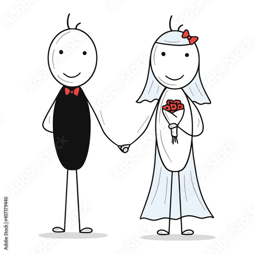 Happy just married couple of stick figures people holding hands. Bride with a bouquet of red flowers and in wedding dress and veil and groom in black smocking. Vector illustration isolated on white.