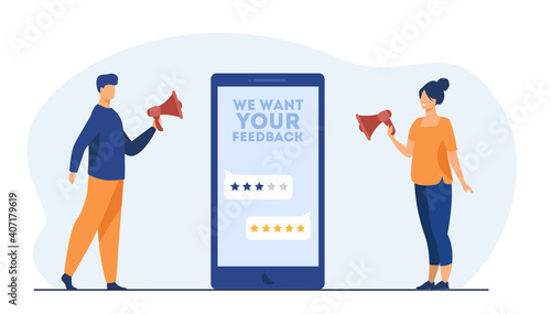 Online shop managers asking clients for feedback. Screen, rate, people with megaphone. Flat vector illustration. Marketing, customer satisfaction concept for banner, website design or landing web page