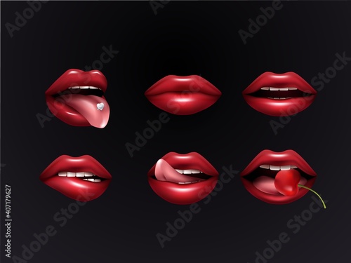 Red female lips set isolated on dark background. Lips with cherry in your mouth, tongue, teeth for your design. vector illustration