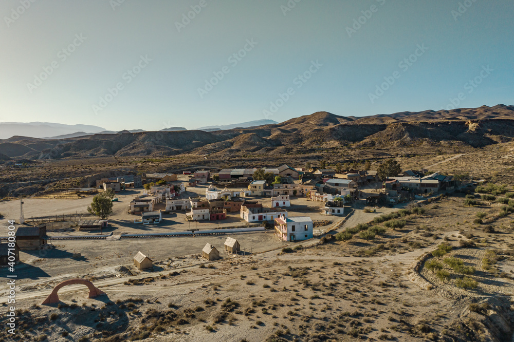 Aerial view of Tabernas Desert Landscape  theme park Texas holliwwod Fort Bravo  in western style