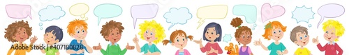 Children of different nationalities are talking. Picture with dialog boxes. Different emotions, relationships and moods. Banner in cartoon style. Isolated on white. Vector flat illustration.