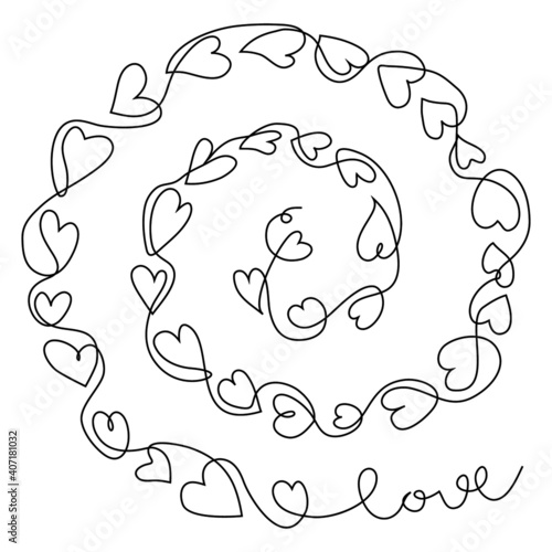 Vector drawing of hearts in one line, swirled in a spiral. Postcard, valentine, wedding, invitation, congratulation, sticker, banner, apology.