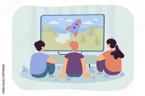Back view of kids watching TV show isolated flat vector illustration. Cartoon children sitting in front of television screen. Entertainment and childhood concept