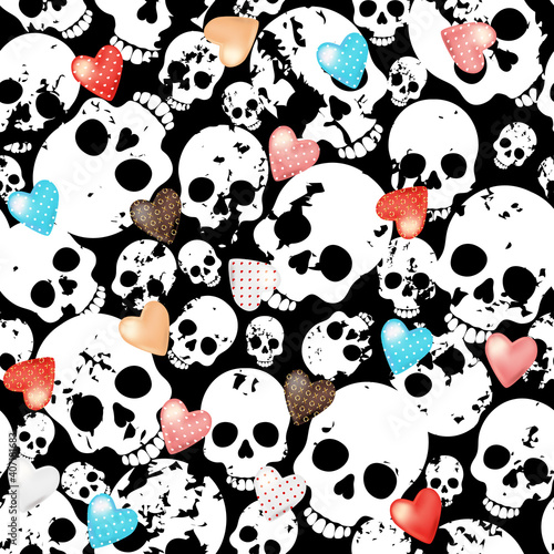 Skulls pattern with colorful hearts.