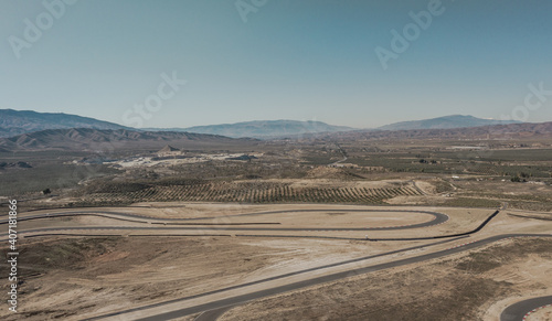 Drone Aerial view of the Circuito De Almeria Race Track in the Tabernas Desert Spain