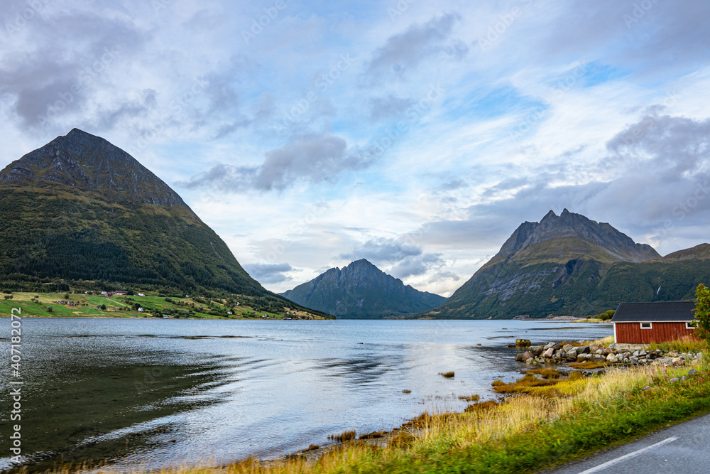 Landscape of mountains and the sea in Norway