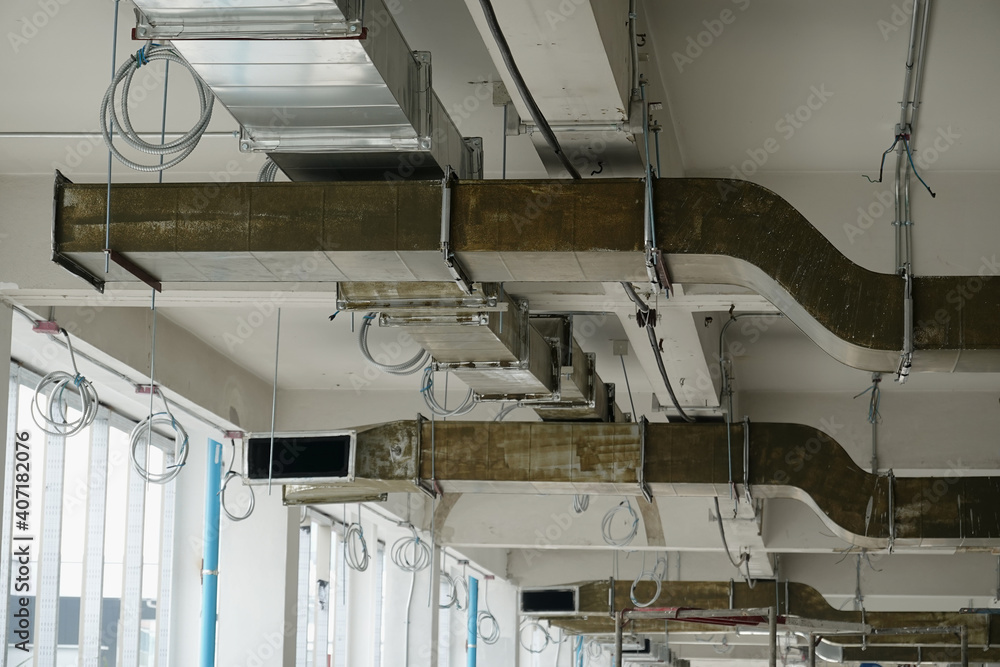 Installation of cold air ducts, air conditioning systems in buildings, priming and insulating inside. Installation of cold air ducts, air conditioning systems in buildings, priming and insulating inside.