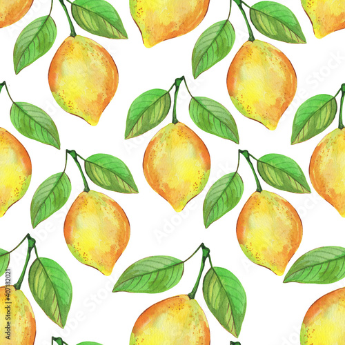 Seamless pattern, watercolor illustration, lemon with branch, tropical fruit and flowers, background for different design, ornament for wallpaper and fabric