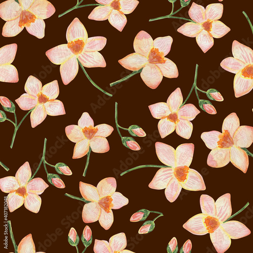 Seamless pattern, watercolor illustration, tropical flowers, background for different design, ornament for wallpaper and fabric