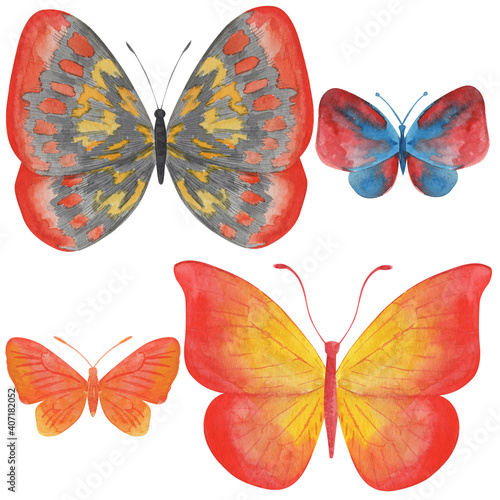 Watercolor illustration, butterflies, set of drawings, isolate on a white background
