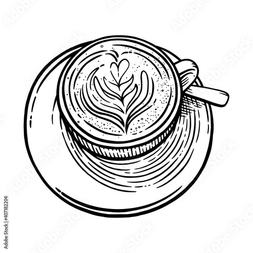 Coffee cup with cappuccino. Black and white engraved sketch of coffee mug. Vector illustration