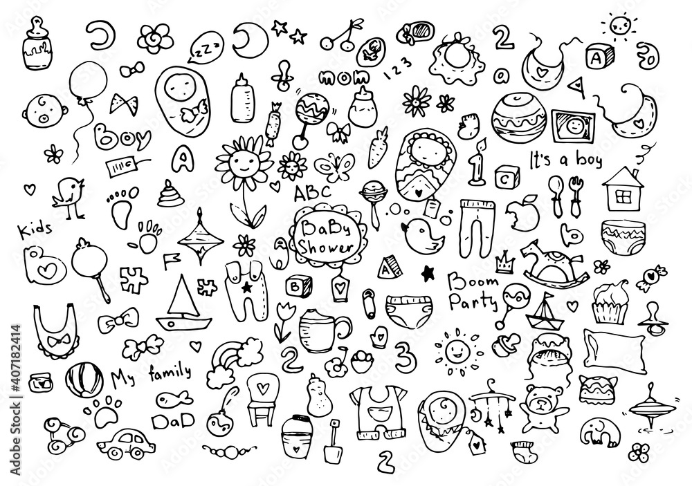 Cartoon set vector illustration isolated objects birth of babies Hand-drawn in doodle style . Sketch a black outline of elements on a white background for your design template. background doodles babi