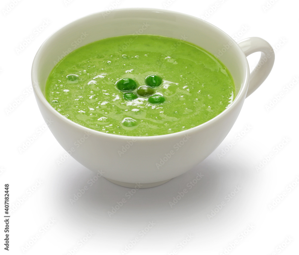 fresh green pea soup isolated on white background fresh green pea soup isolated on white background