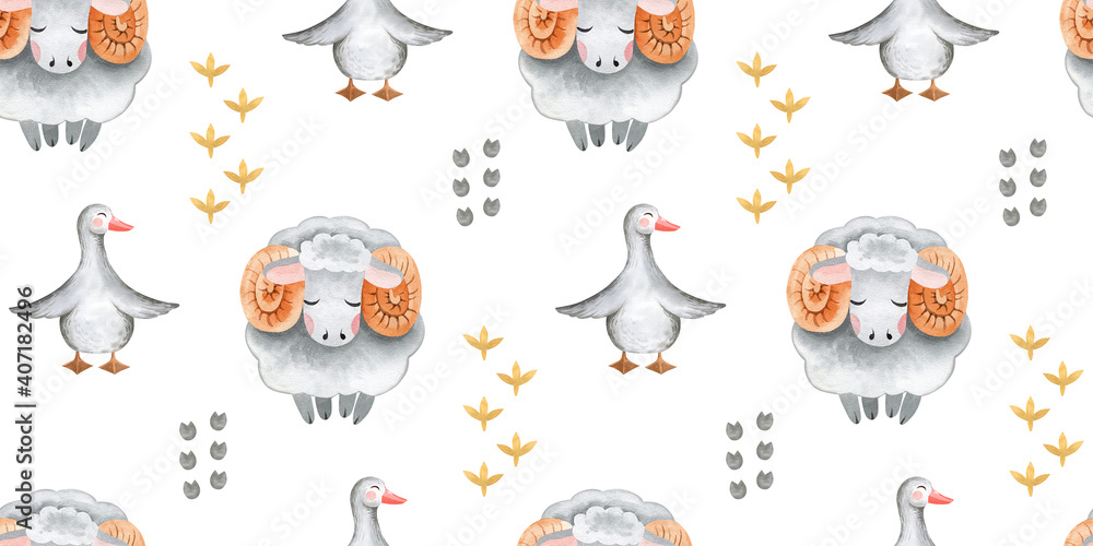 watercolor pattern collection of farm animals and tree houses