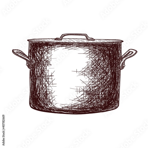 Sketch of a saucepan with a lid contour drawing isolated on white background, stock vector illustration, for design and decoration, sticker, template, vintage, banner, copper cookware