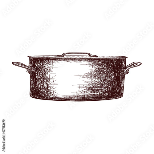 Sketch of a saucepan with a lid contour drawing isolated on white background, stock vector illustration, for design and decoration, sticker, template, vintage, banner, copper cookware