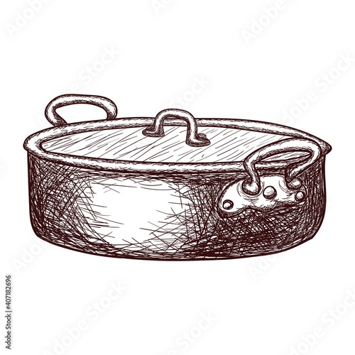 Sketch of a saucepan with a lid contour drawing isolated on white background, stock vector illustration, for design and decoration, sticker, template, vintage, banner, copper cookware