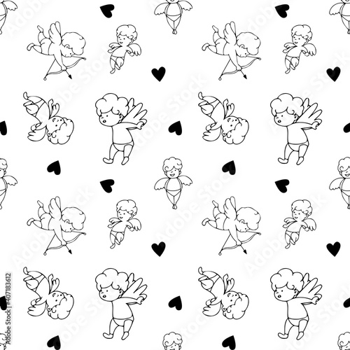 
Seamless pattern with cupid and hearts, black and white endless texture for Happy Valentine's Day, hand-drawn vector illustration in romantic style