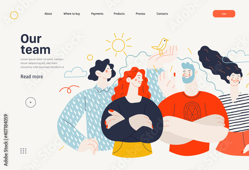 Business topics - crew, our team - web template, header. Flat style modern outlined vector concept illustration. Group of people, creaw, standing together. Business metaphor.