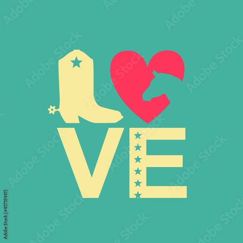 Love Cowboy vintage printable text with cowboy boot and red heart. Country Love illustration on old paper texture