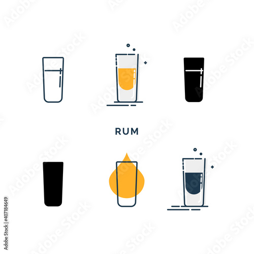 Set of glasses with rum in different styles. Shot glass drinks. Template alcohol beverage for restaurant, bar. Symbol party. Collection one drink. Isolated flat illustration on white background