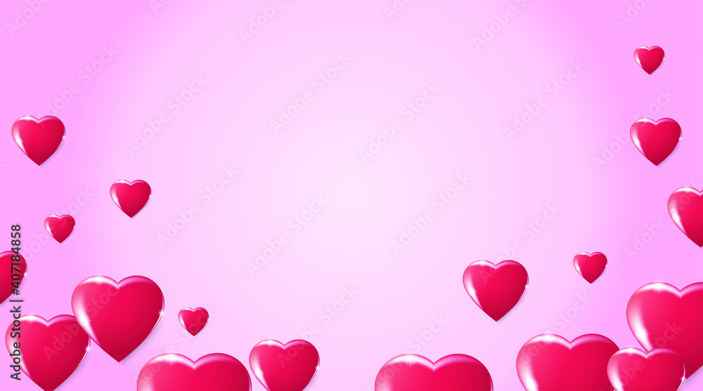 Volumetric pink 3D hearts flying on a pink background. Vector symbols for Happy Women, Mothers, Valentine's Day, greeting card design.