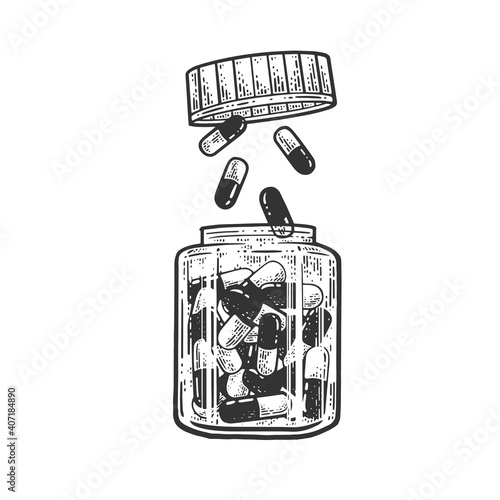 jar of drug pills sketch engraving vector illustration. T-shirt apparel print design. Scratch board imitation. Black and white hand drawn image.