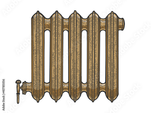 Water heat home radiator sketch color engraving vector illustration. Scratch board style imitation. Hand drawn image.
